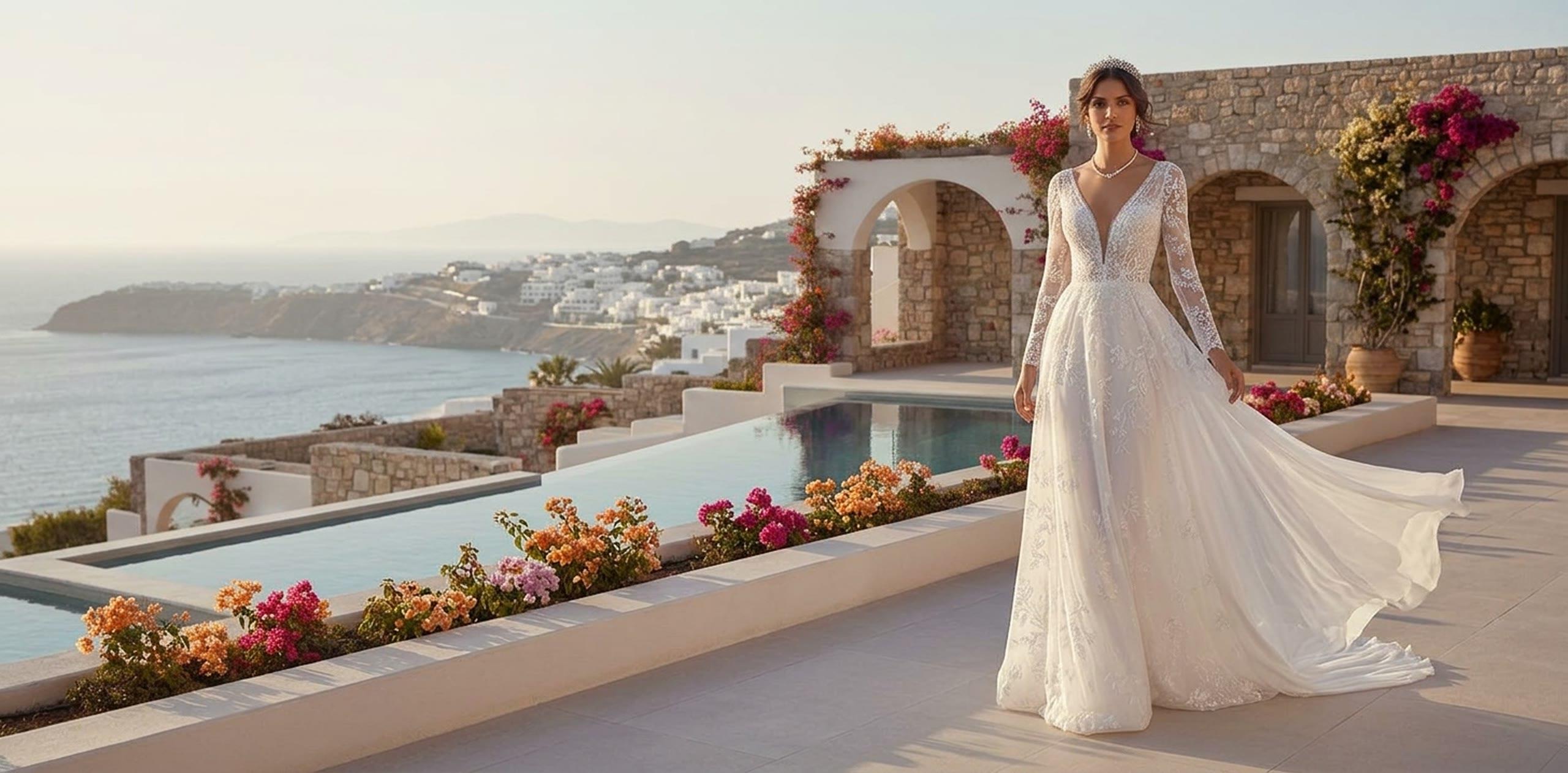 A bride in a lace gown on a terrace overlooking the sea