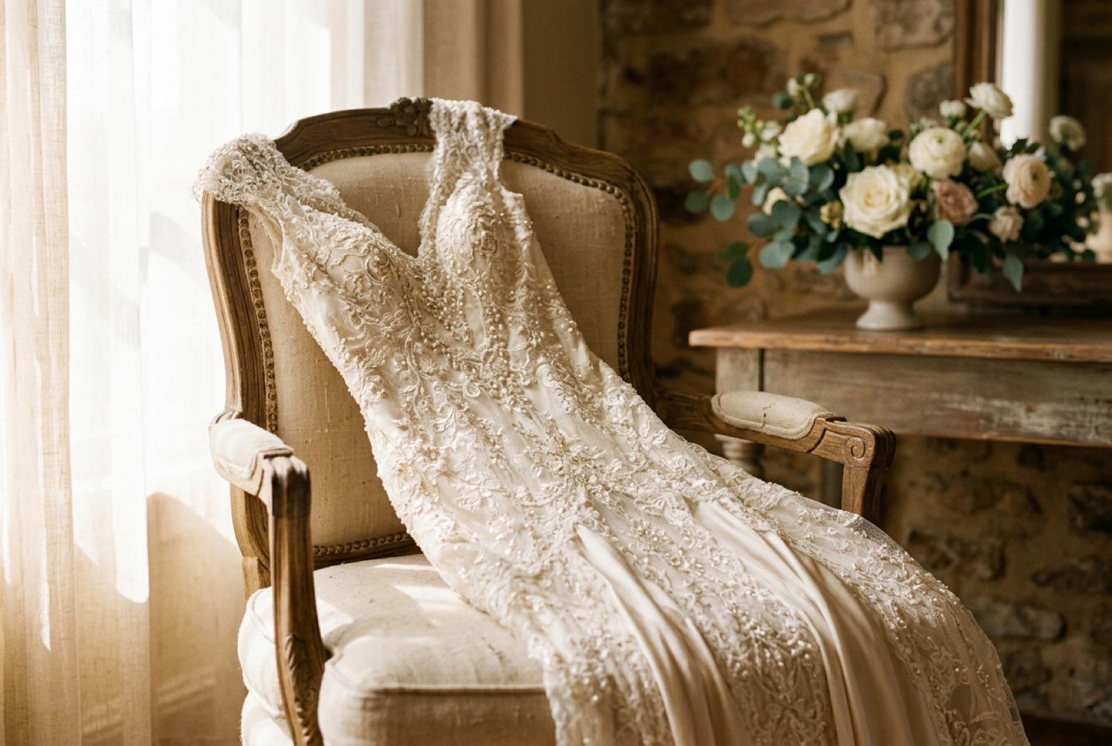A beaded lace wedding gown draped over an antique chair in warm light
