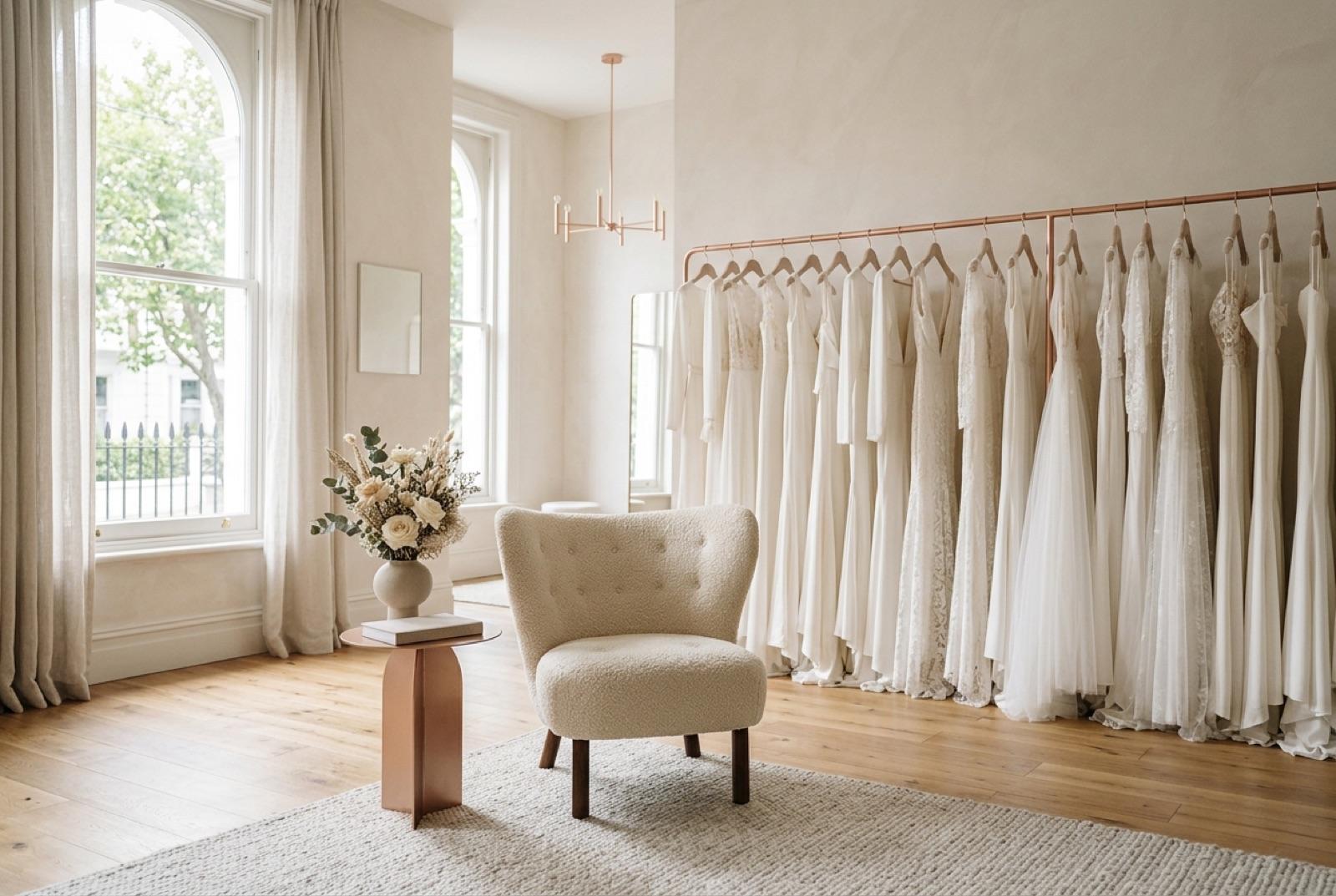 A calm, elegant bridal boutique interior with a rail of wedding gowns