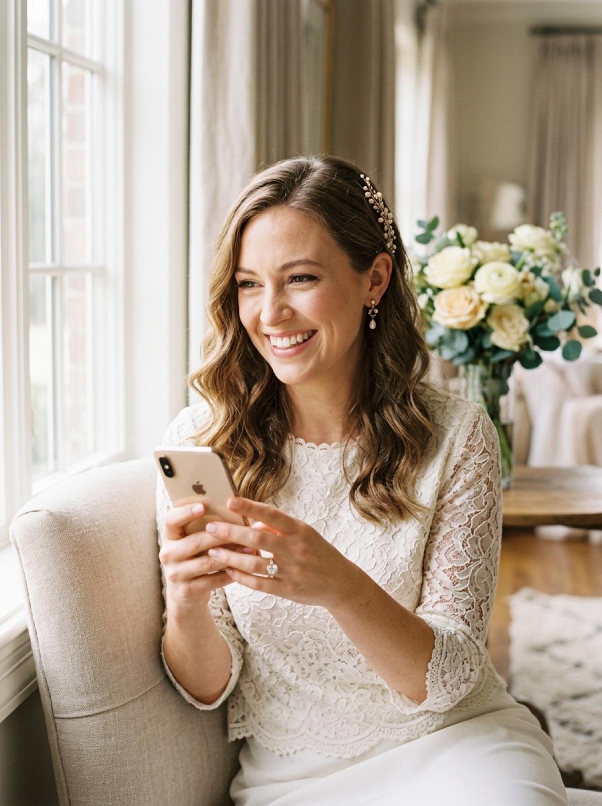 A happy bride-to-be smiling as she looks at her phone