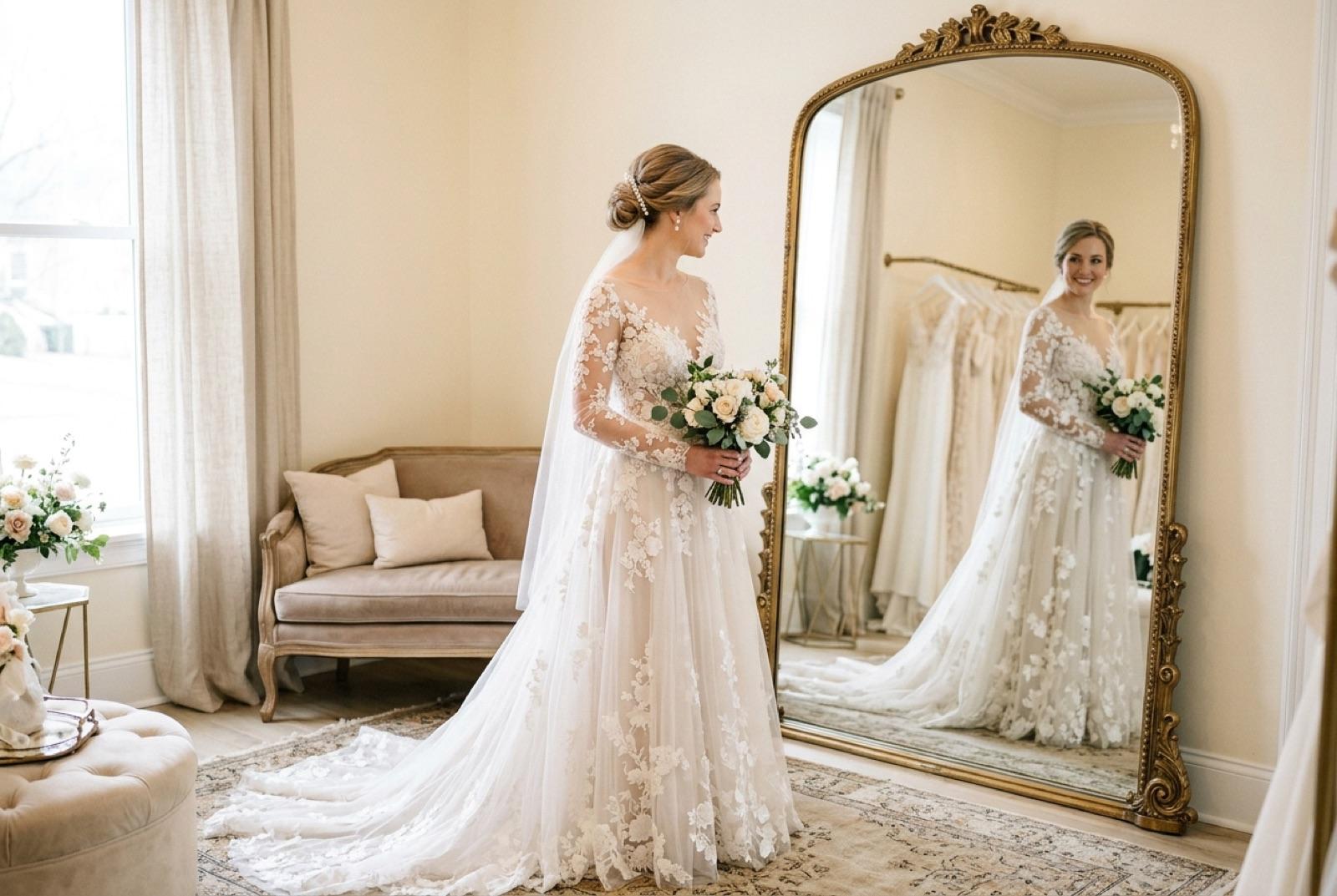 A bride viewing herself in a wedding gown in a boutique mirror