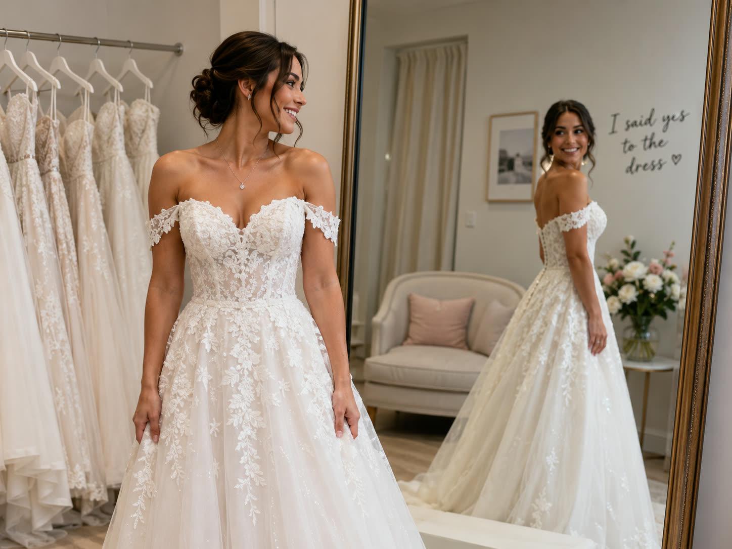A bride trying on a lace gown in a boutique